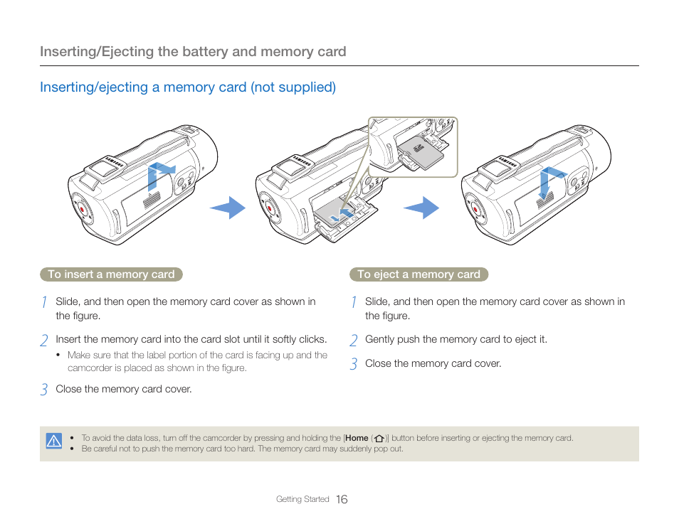 Inserting/ejecting a memory card (not supplied) | Samsung HMX-QF30BN-XAA User Manual | Page 20 / 133