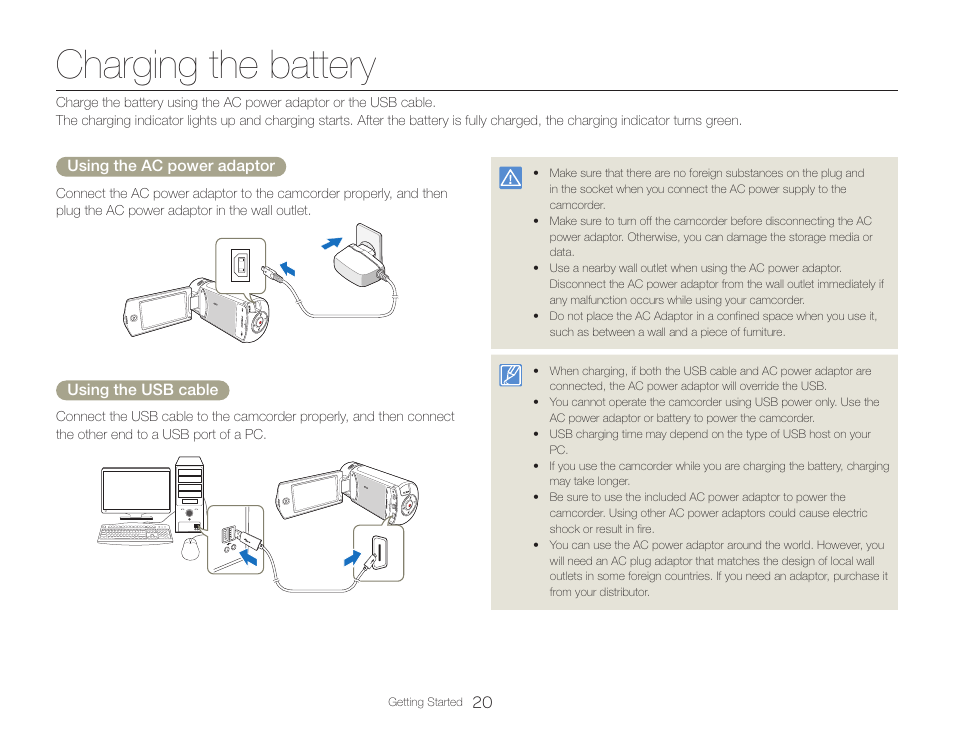 Charging the battery | Samsung HMX-QF30BN-XAA User Manual | Page 24 / 133