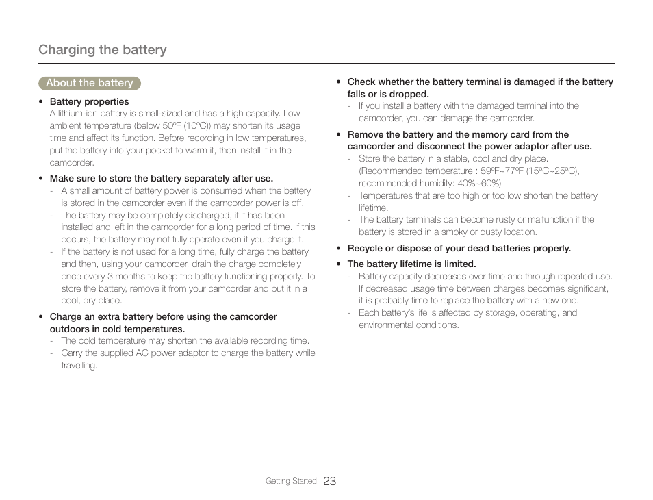 Charging the battery | Samsung HMX-QF30BN-XAA User Manual | Page 27 / 133