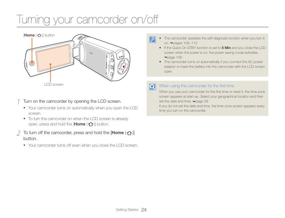 Turning your camcorder on/off | Samsung HMX-QF30BN-XAA User Manual | Page 28 / 133