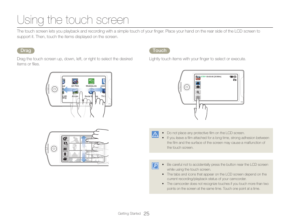 Using the touch screen, Drag, Touch | Samsung HMX-QF30BN-XAA User Manual | Page 29 / 133