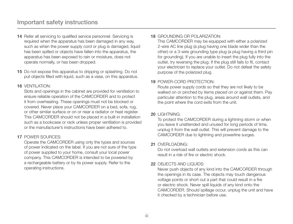 Important safety instructions | Samsung HMX-QF30BN-XAA User Manual | Page 3 / 133