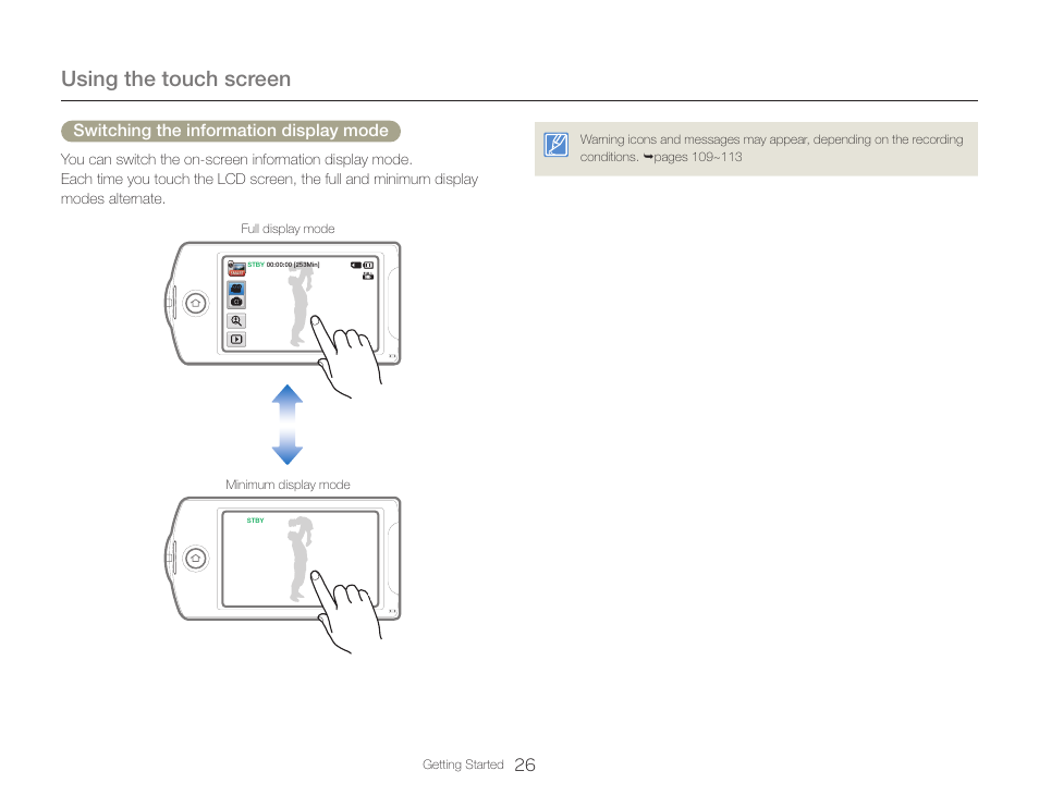 Using the touch screen, Switching the information display mode | Samsung HMX-QF30BN-XAA User Manual | Page 30 / 133