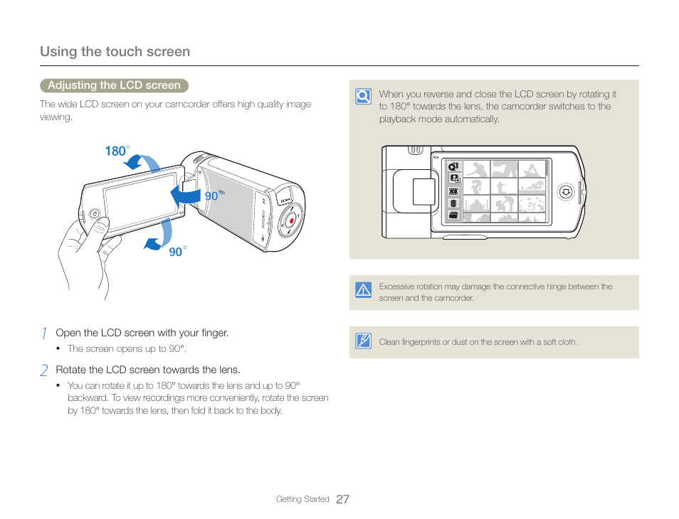 Using the touch screen | Samsung HMX-QF30BN-XAA User Manual | Page 31 / 133