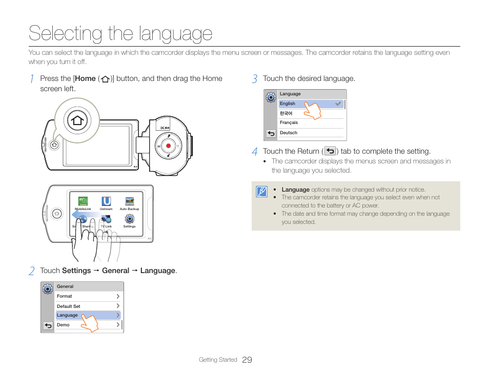 Selecting the language | Samsung HMX-QF30BN-XAA User Manual | Page 33 / 133