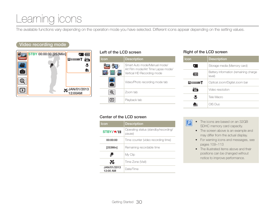 Learning icons, Video recording mode | Samsung HMX-QF30BN-XAA User Manual | Page 34 / 133