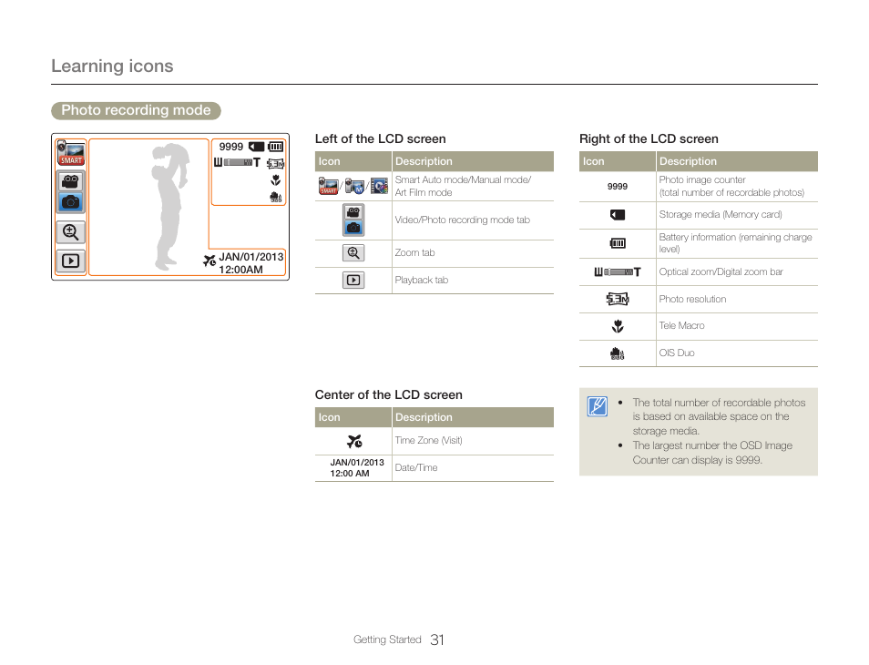 Learning icons, Photo recording mode | Samsung HMX-QF30BN-XAA User Manual | Page 35 / 133