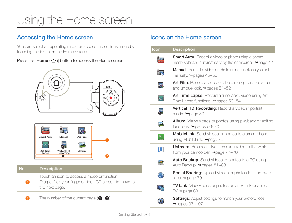 Using the home screen, Accessing the home screen, Icons on the home screen | Accessing the home screen icons on the home screen | Samsung HMX-QF30BN-XAA User Manual | Page 38 / 133