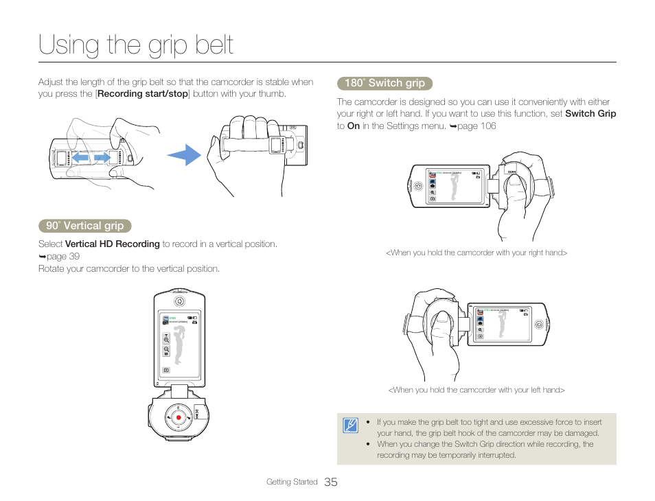 Using the grip belt, 90˚ vertical grip, 180˚ switch grip | Samsung HMX-QF30BN-XAA User Manual | Page 39 / 133