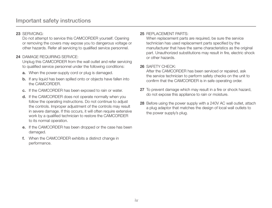 Important safety instructions | Samsung HMX-QF30BN-XAA User Manual | Page 4 / 133