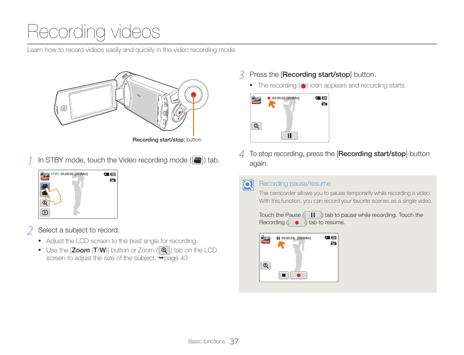 Recording videos | Samsung HMX-QF30BN-XAA User Manual | Page 41 / 133