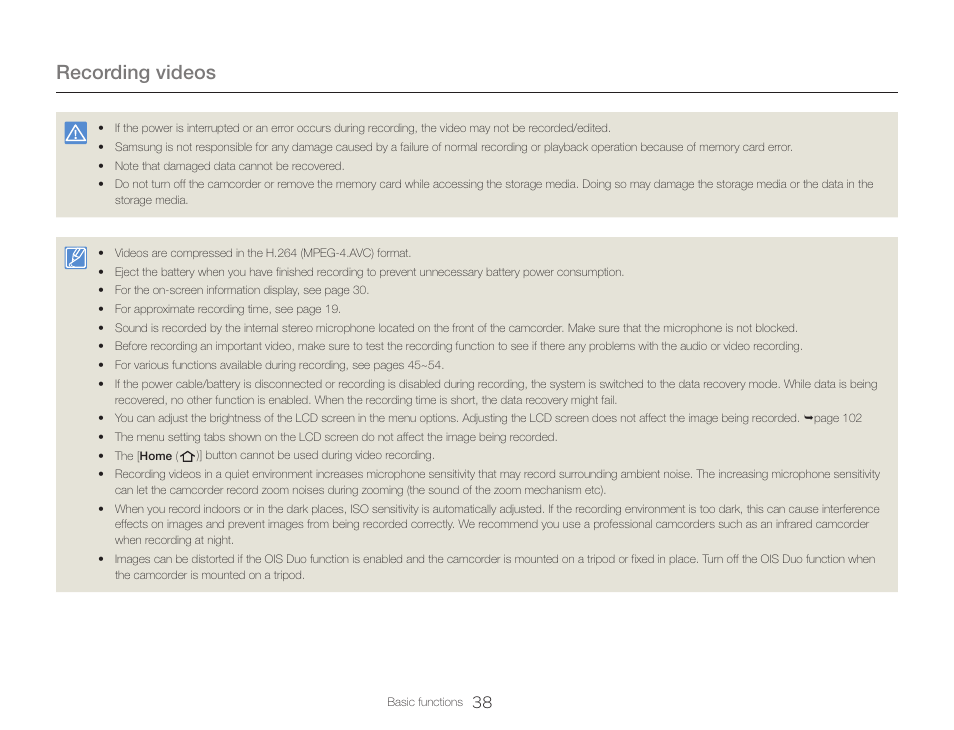 Recording videos | Samsung HMX-QF30BN-XAA User Manual | Page 42 / 133