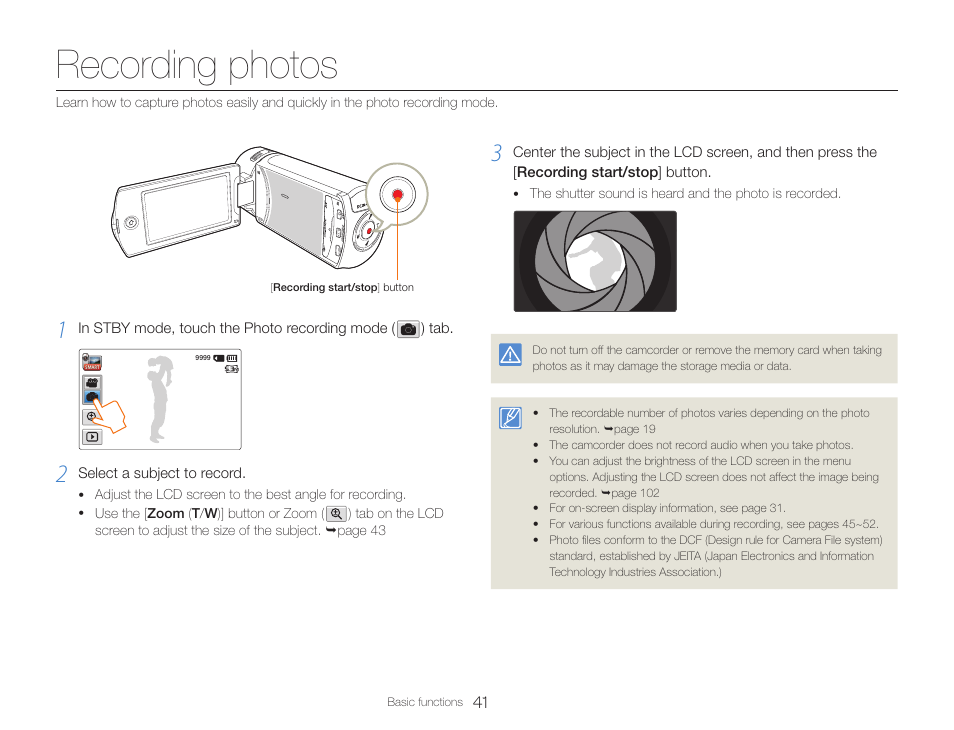 Recording photos | Samsung HMX-QF30BN-XAA User Manual | Page 45 / 133