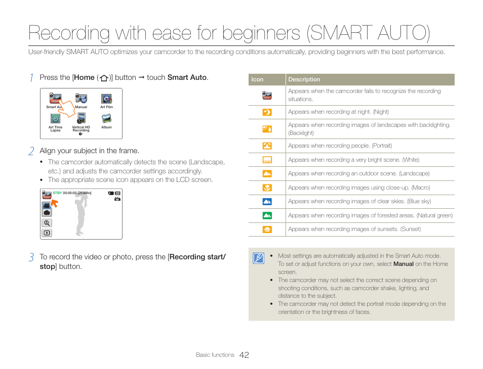 Recording with ease for beginners (smart auto), Press the [home ( )] button  touch smart auto, Align your subject in the frame | Samsung HMX-QF30BN-XAA User Manual | Page 46 / 133