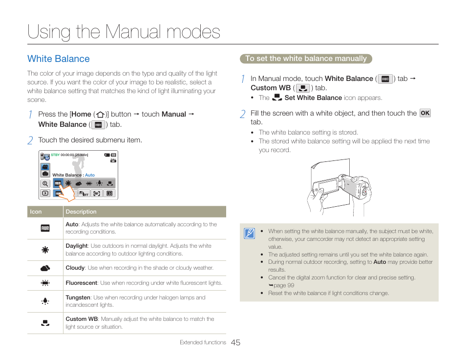 Using the manual modes, White balance | Samsung HMX-QF30BN-XAA User Manual | Page 49 / 133