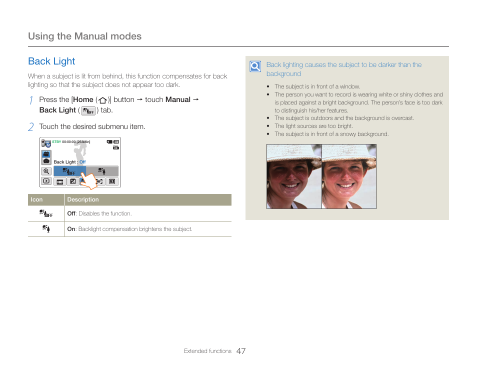 Back light, Using the manual modes | Samsung HMX-QF30BN-XAA User Manual | Page 51 / 133