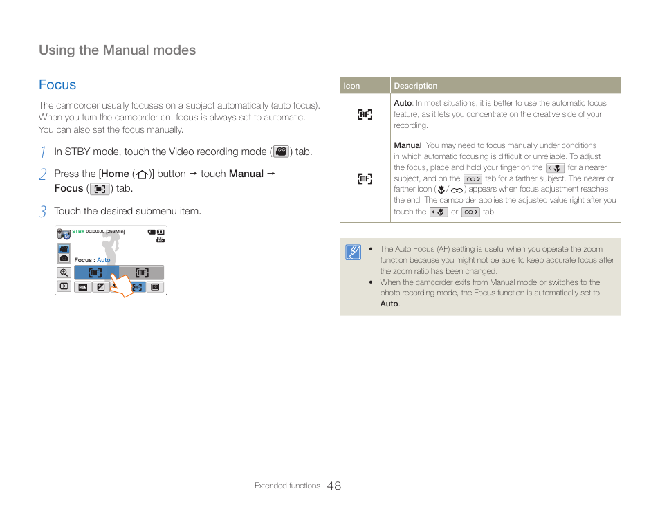 Focus, Using the manual modes | Samsung HMX-QF30BN-XAA User Manual | Page 52 / 133