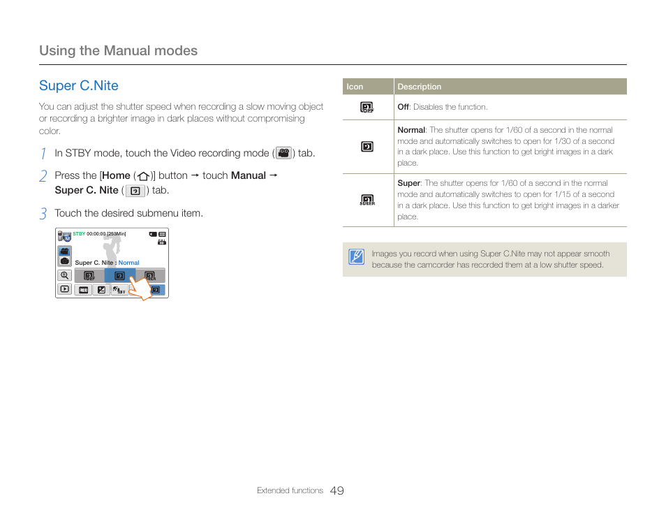 Super c.nite, Using the manual modes | Samsung HMX-QF30BN-XAA User Manual | Page 53 / 133