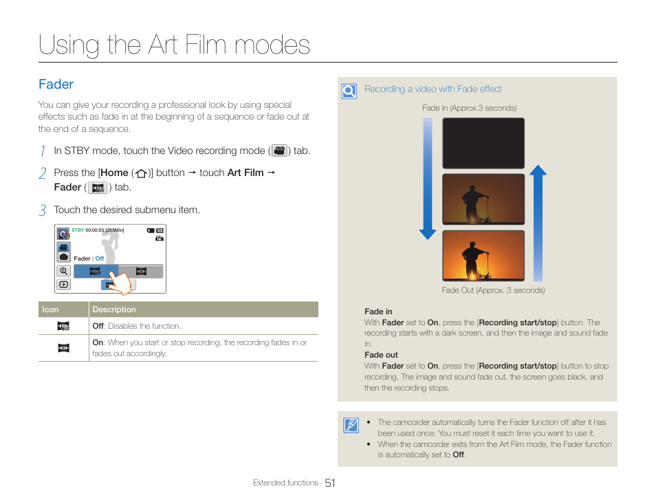 Using the art film modes, Fader | Samsung HMX-QF30BN-XAA User Manual | Page 55 / 133