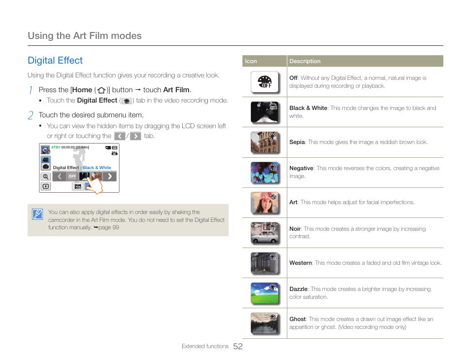Digital effect, Using the art film modes | Samsung HMX-QF30BN-XAA User Manual | Page 56 / 133