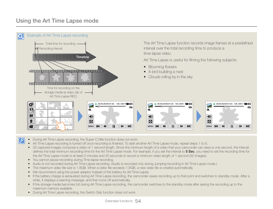 Using the art time lapse mode | Samsung HMX-QF30BN-XAA User Manual | Page 58 / 133