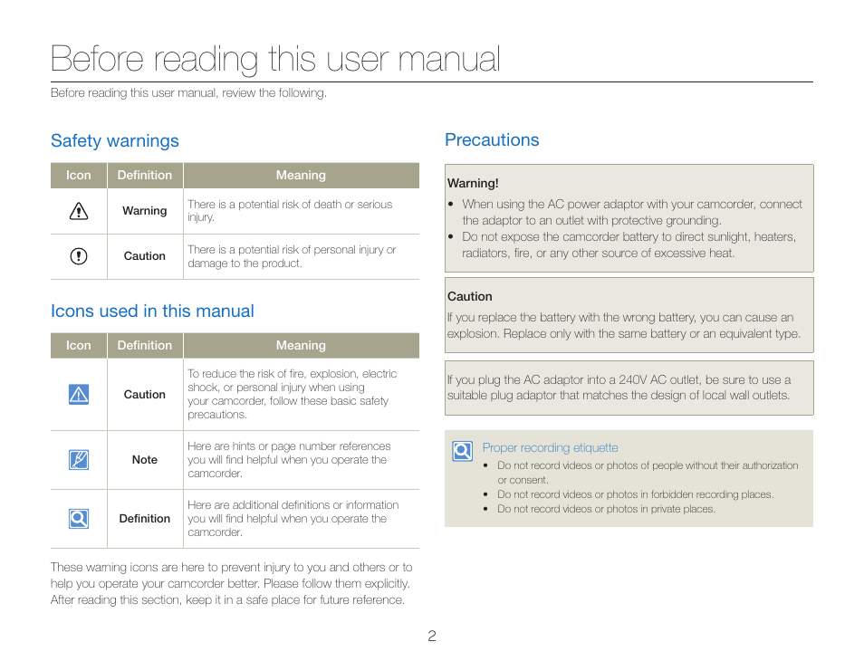 Before reading this user manual, Safety warnings, Icons used in this manual | Precautions | Samsung HMX-QF30BN-XAA User Manual | Page 6 / 133