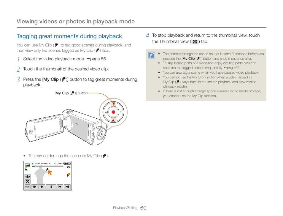 Tagging great moments during playback, Viewing videos or photos in playback mode | Samsung HMX-QF30BN-XAA User Manual | Page 64 / 133