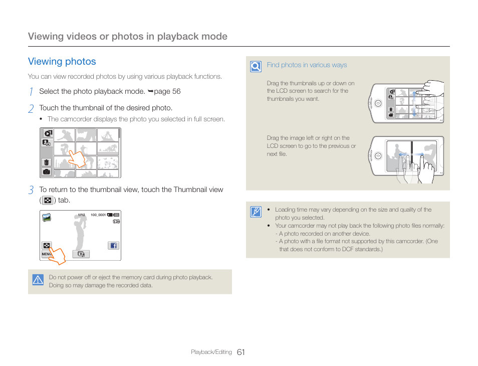 Viewing photos, Viewing videos or photos in playback mode | Samsung HMX-QF30BN-XAA User Manual | Page 65 / 133