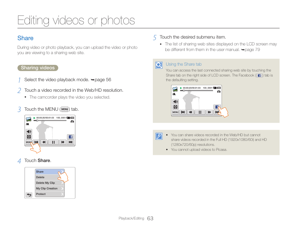 Editing videos or photos, Share | Samsung HMX-QF30BN-XAA User Manual | Page 67 / 133