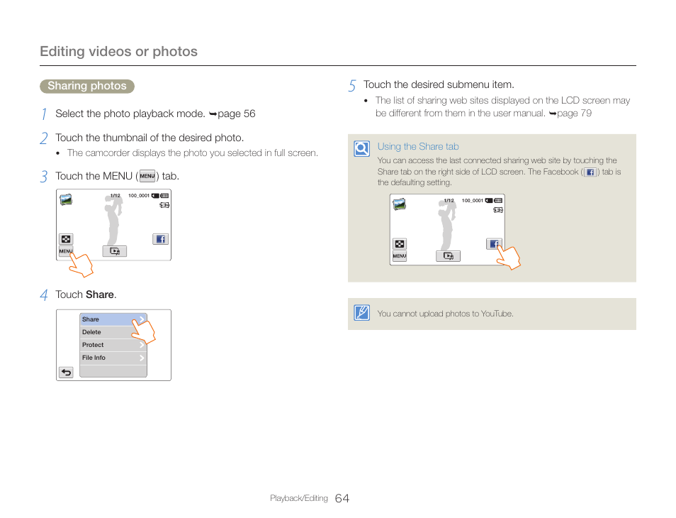 Editing videos or photos | Samsung HMX-QF30BN-XAA User Manual | Page 68 / 133