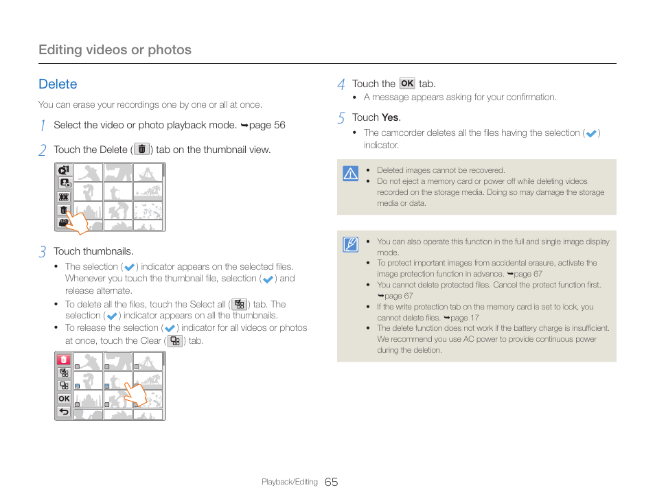 Delete, Editing videos or photos | Samsung HMX-QF30BN-XAA User Manual | Page 69 / 133