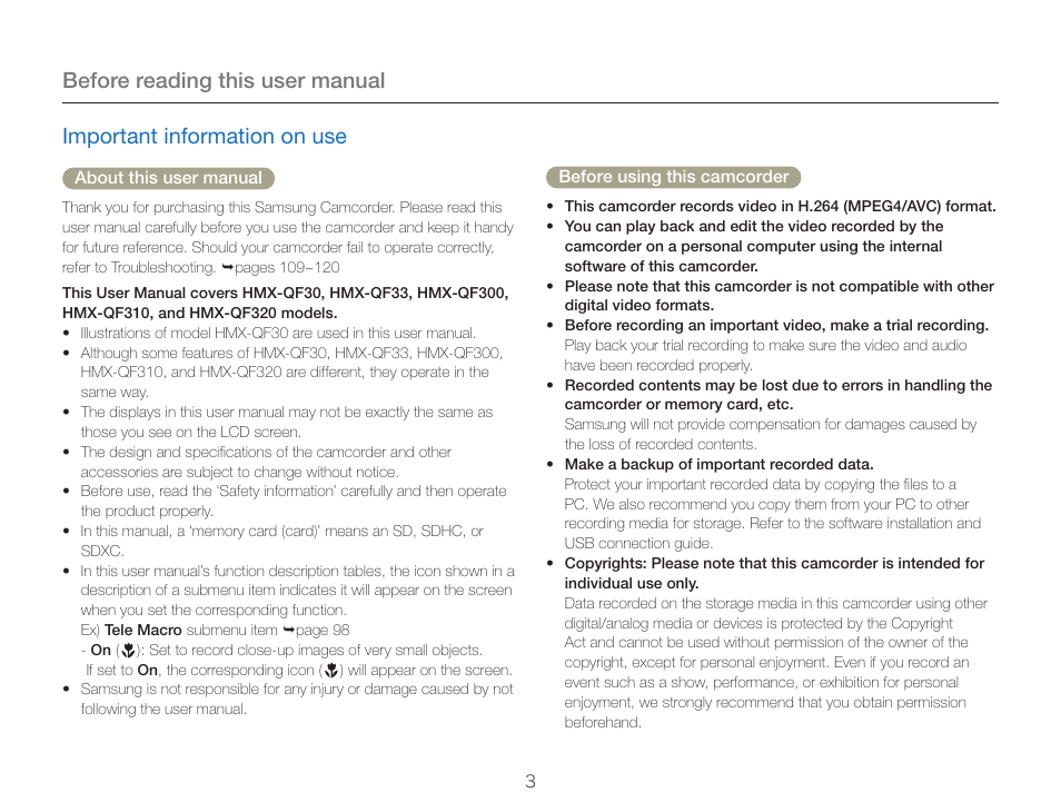 Before reading this user manual, Important information on use | Samsung HMX-QF30BN-XAA User Manual | Page 7 / 133