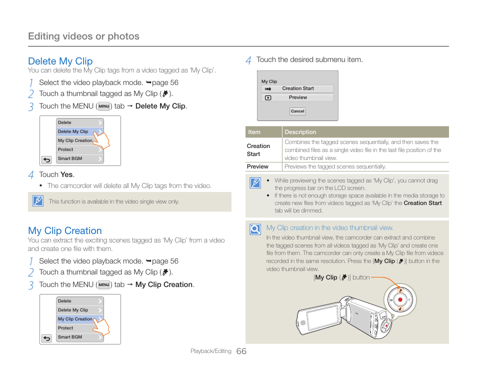 Delete my clip, My clip creation, Delete my clip my clip creation | Editing videos or photos | Samsung HMX-QF30BN-XAA User Manual | Page 70 / 133