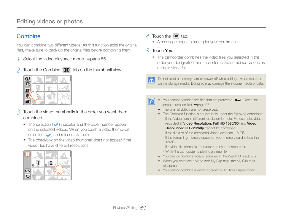 Combine, Editing videos or photos | Samsung HMX-QF30BN-XAA User Manual | Page 73 / 133