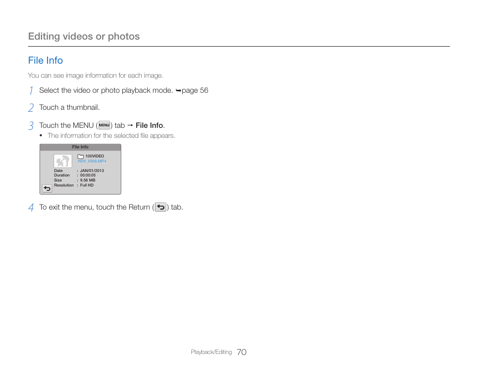 File info, Editing videos or photos | Samsung HMX-QF30BN-XAA User Manual | Page 74 / 133