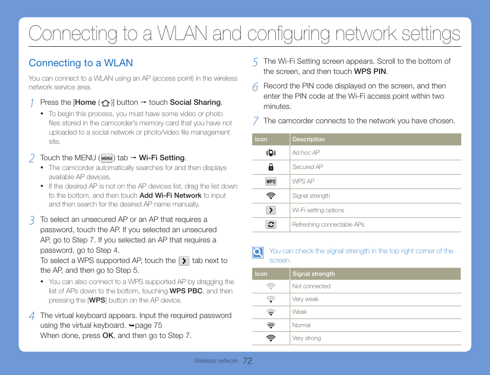 Connecting to a wlan | Samsung HMX-QF30BN-XAA User Manual | Page 76 / 133