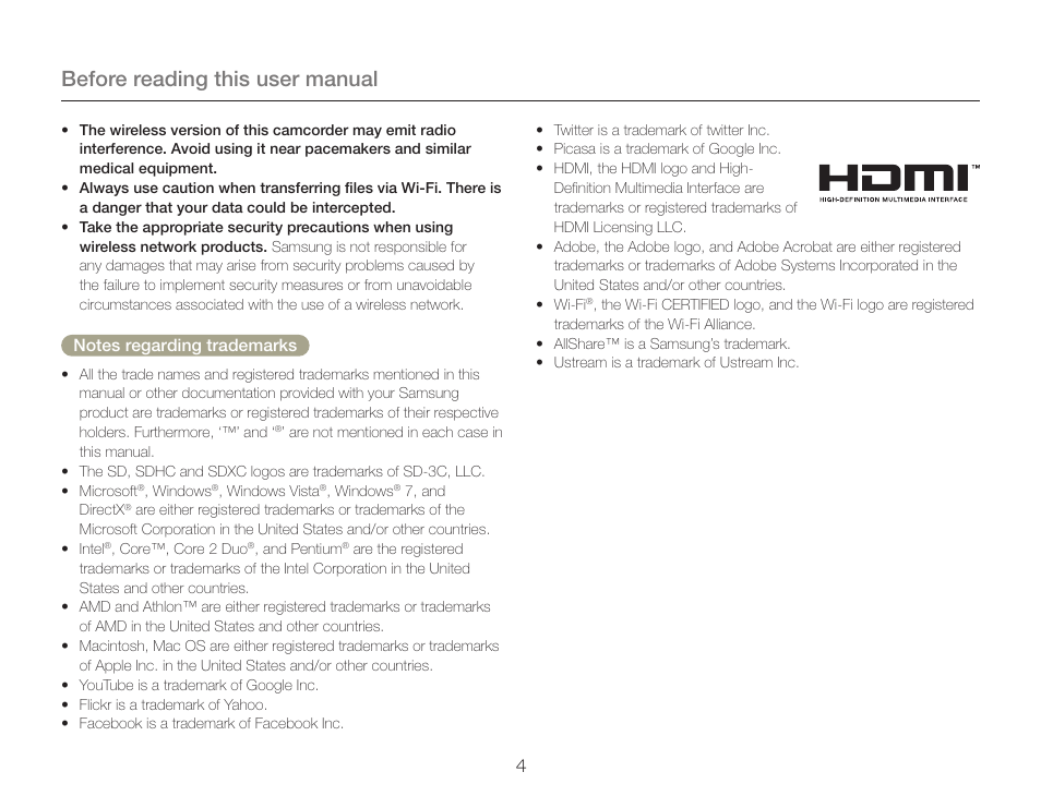 Before reading this user manual | Samsung HMX-QF30BN-XAA User Manual | Page 8 / 133