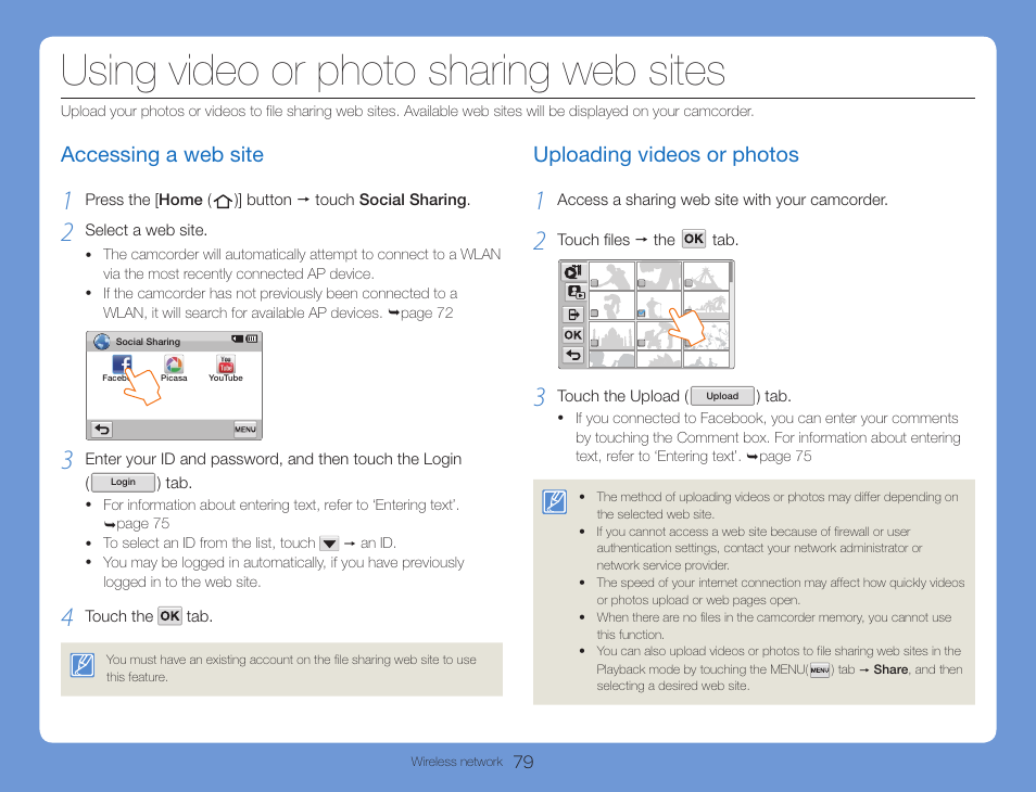 Using video or photo sharing web sites, Accessing a web site, Uploading videos or photos | Accessing a web site uploading videos or photos | Samsung HMX-QF30BN-XAA User Manual | Page 83 / 133