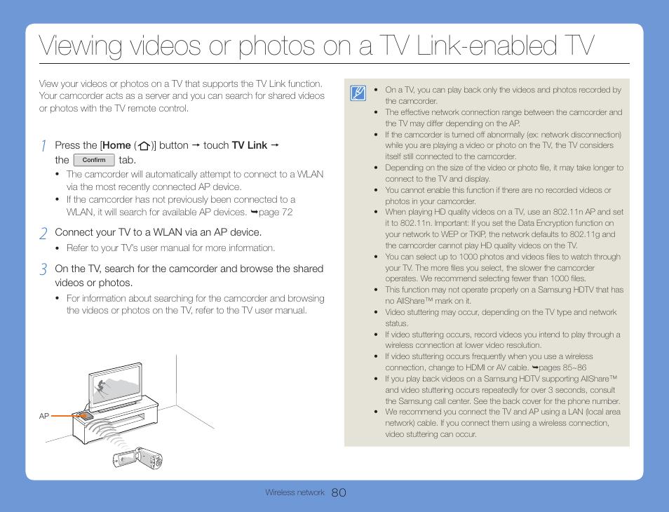 Viewing videos or photos on a tv link-enabled tv | Samsung HMX-QF30BN-XAA User Manual | Page 84 / 133