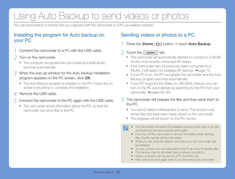 Using auto backup to send videos or photos, Installing the program for auto backup on your pc, Sending videos or photos to a pc | Samsung HMX-QF30BN-XAA User Manual | Page 85 / 133