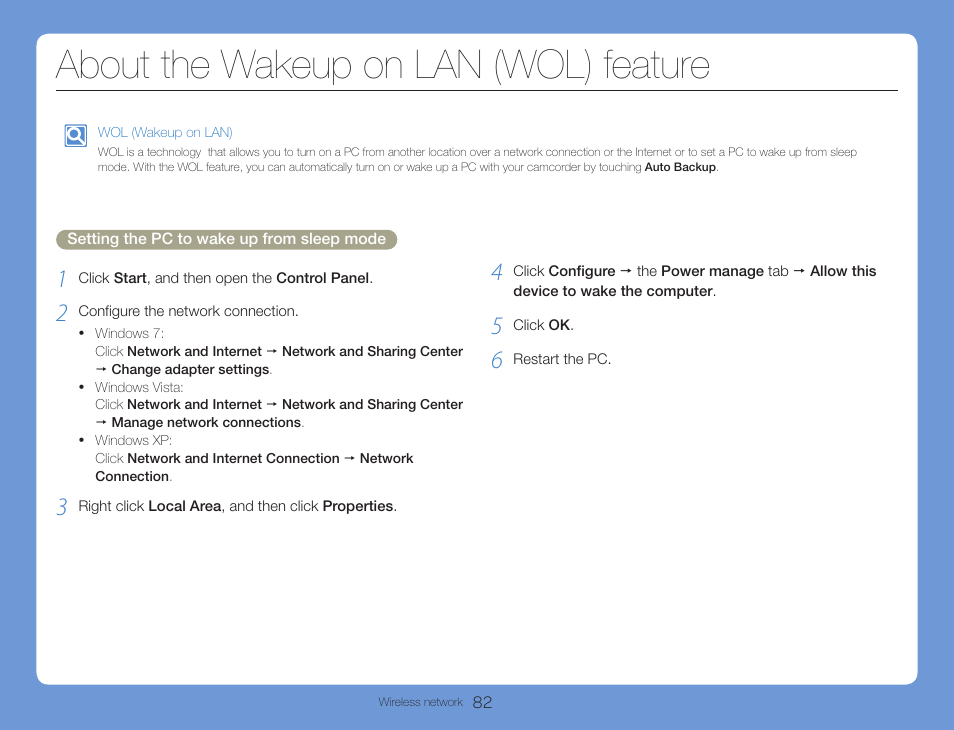 About the wakeup on lan (wol) feature | Samsung HMX-QF30BN-XAA User Manual | Page 86 / 133