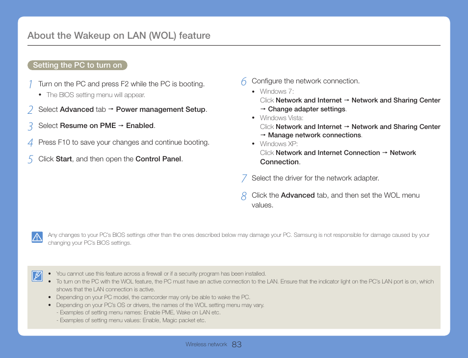 About the wakeup on lan (wol) feature | Samsung HMX-QF30BN-XAA User Manual | Page 87 / 133