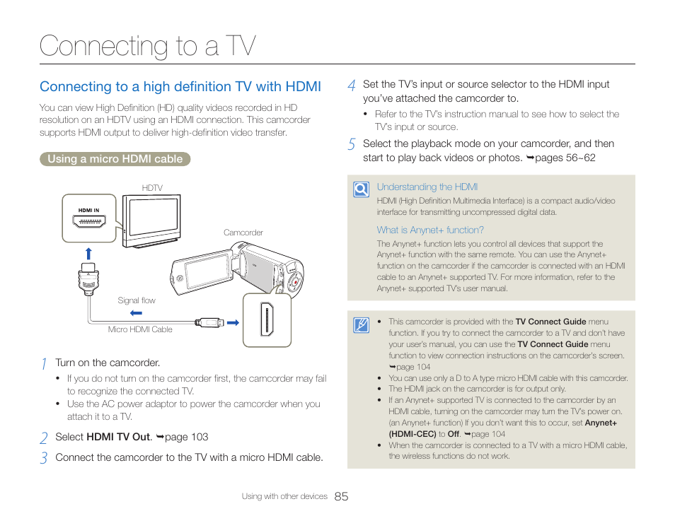 Connecting to a tv, Connecting to a high definition tv with hdmi | Samsung HMX-QF30BN-XAA User Manual | Page 89 / 133