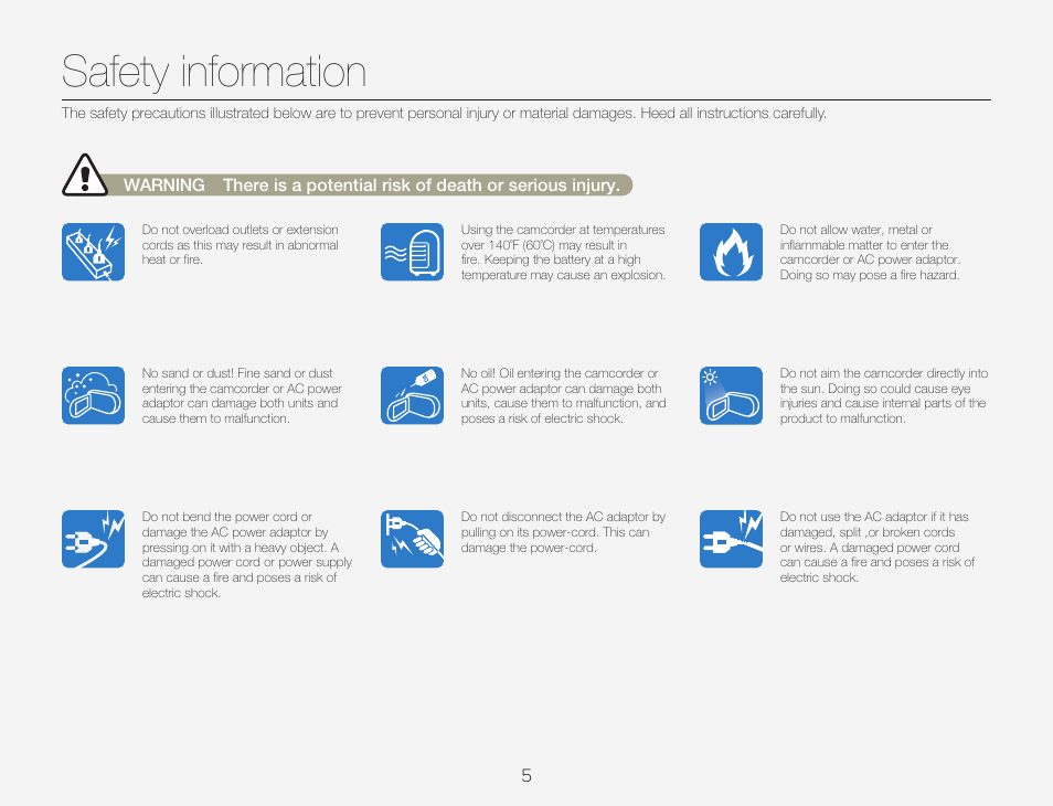 Safety information | Samsung HMX-QF30BN-XAA User Manual | Page 9 / 133