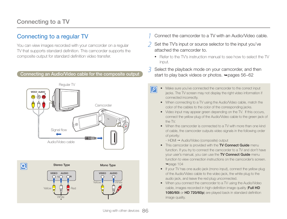 Connecting to a regular tv, Connecting to a tv | Samsung HMX-QF30BN-XAA User Manual | Page 90 / 133