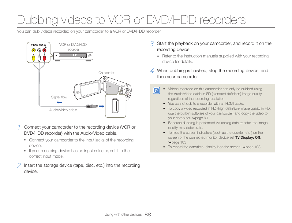 Dubbing videos to vcr or dvd/hdd recorders | Samsung HMX-QF30BN-XAA User Manual | Page 92 / 133