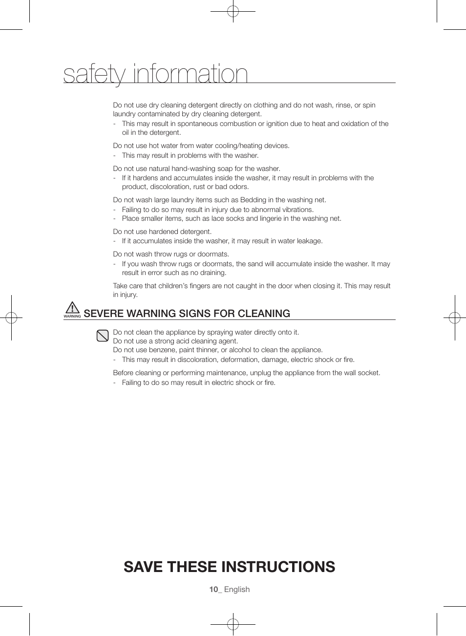 Safety information, Save these instructions, Severe warning signs for cleaning | Samsung WF56H9100AG-A2 User Manual | Page 10 / 132