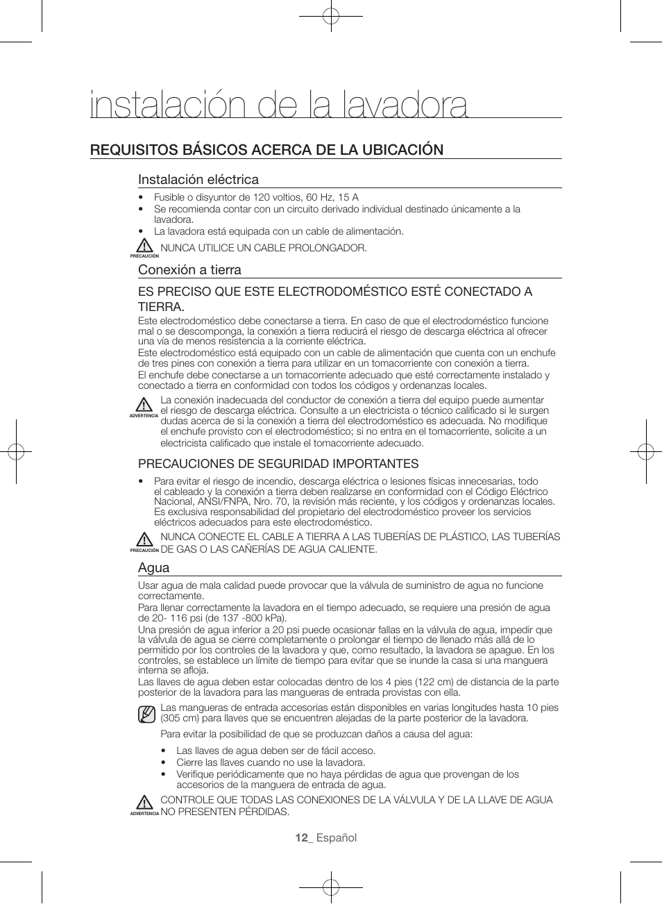 Instalación de la lavadora, Requisitos básicos acerca de la ubicación, Instalación eléctrica | Conexión a tierra, Agua | Samsung WF56H9100AG-A2 User Manual | Page 100 / 132