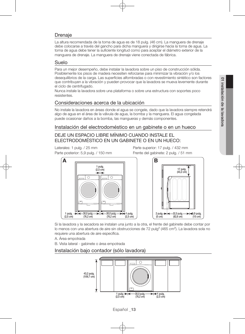 Drenaje, Suelo, Consideraciones acerca de la ubicación | Instalación bajo contador (sólo lavadora) | Samsung WF56H9100AG-A2 User Manual | Page 101 / 132