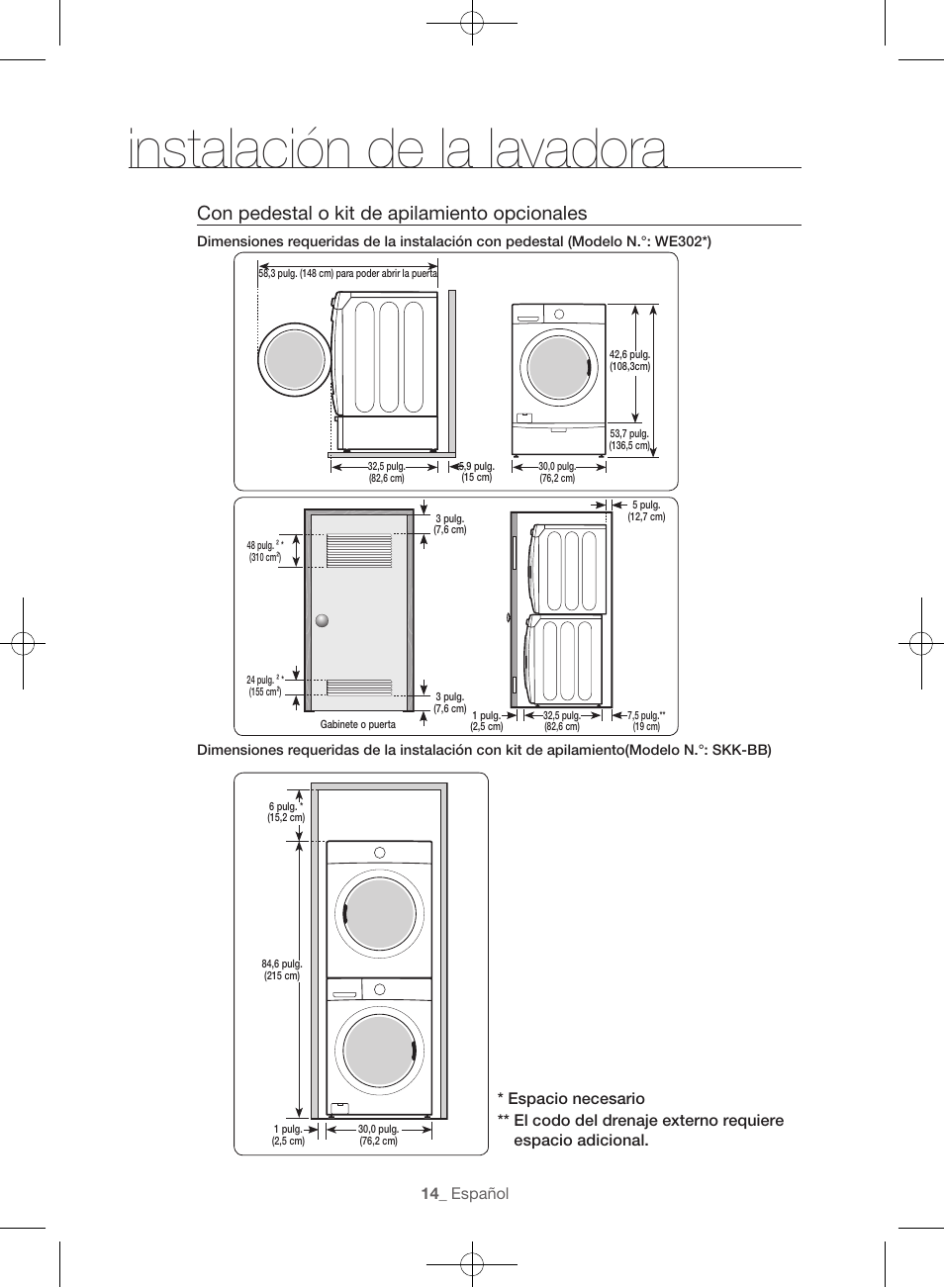 Instalación de la lavadora, Con pedestal o kit de apilamiento opcionales | Samsung WF56H9100AG-A2 User Manual | Page 102 / 132